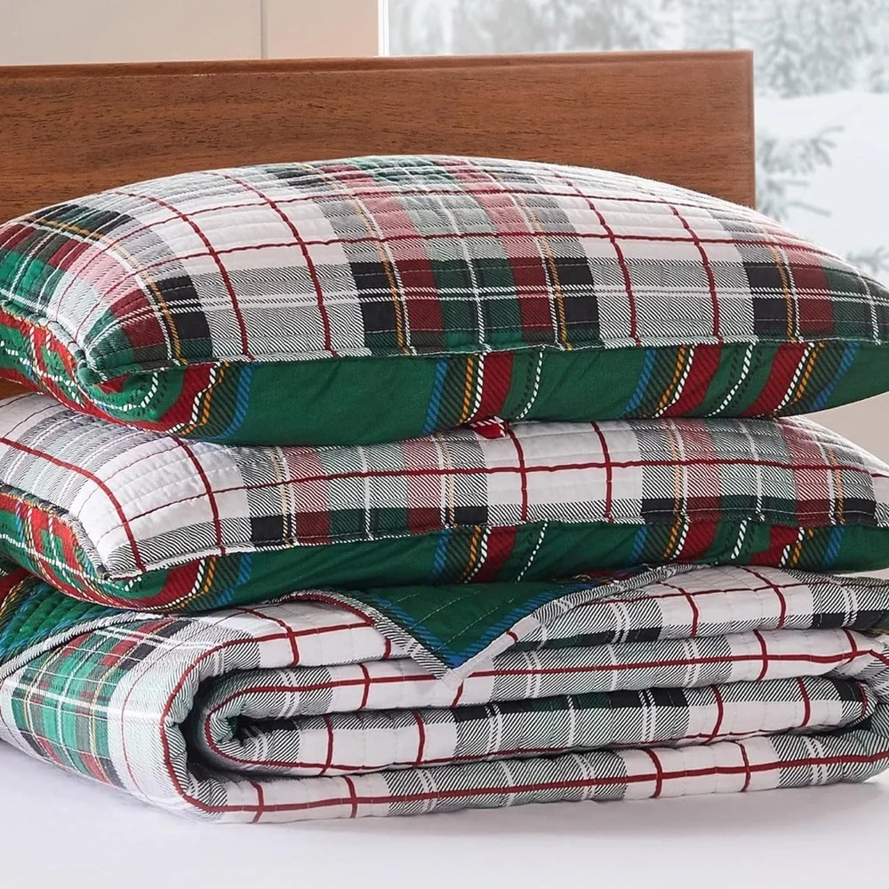 🆕 PB Style Christmas Tartan Plaid Quilt Stewart Print in King Bedding SET shams
